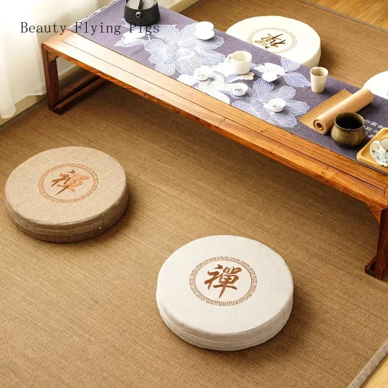 Runde Futon-Meditationsmatte aus Baumwolle & Leinen – besticktes Tatami Yogakissen, Daze Meditation