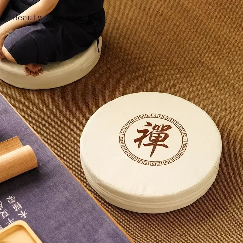 Runde Futon-Meditationsmatte aus Baumwolle & Leinen – besticktes Tatami Yogakissen, Daze Meditation