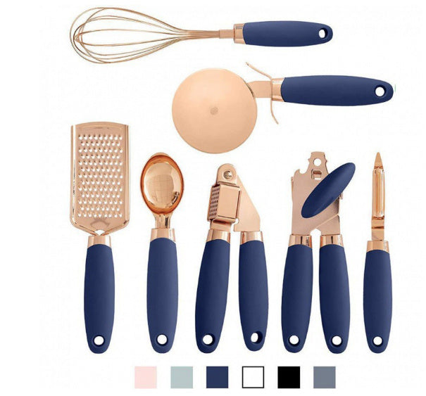 7-teiliges Küchenhelfer-Set aus Edelstahl – Rosegold beschichtet – Küchen-Gadget-Set mit Halter