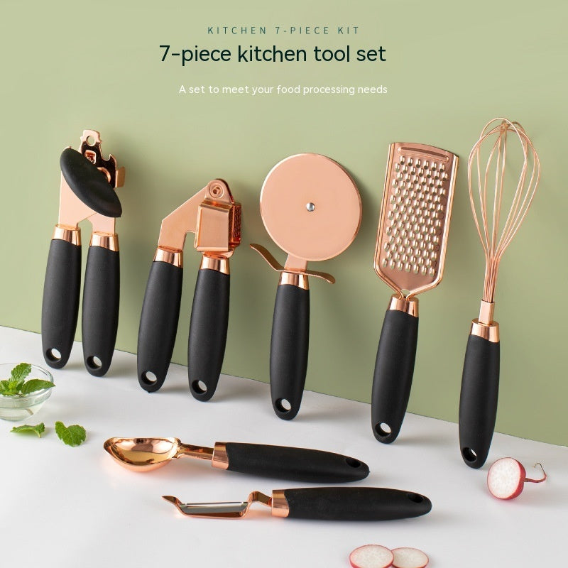 7-teiliges Küchenhelfer-Set aus Edelstahl – Rosegold beschichtet – Küchen-Gadget-Set mit Halter