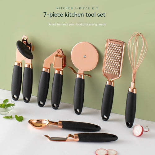 7-teiliges Küchenhelfer-Set aus Edelstahl – Rosegold beschichtet – Küchen-Gadget-Set mit Halter