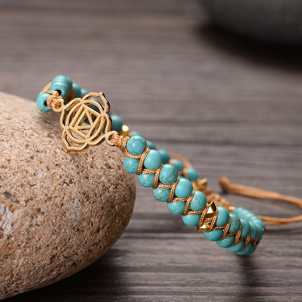 7-Chakren-Armband aus echter Türkis – Handgewebt, Spirituell, Unisex – Natürliches Meditationsarmband mit geometrischem Design