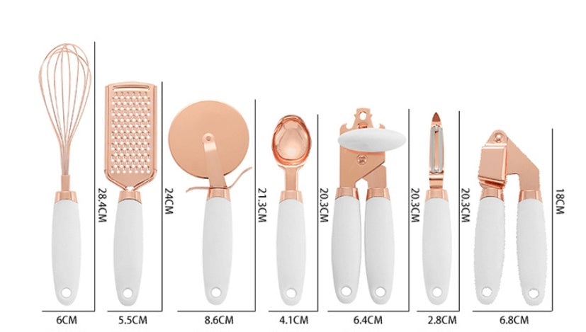 7-teiliges Küchenhelfer-Set aus Edelstahl – Rosegold beschichtet – Küchen-Gadget-Set mit Halter