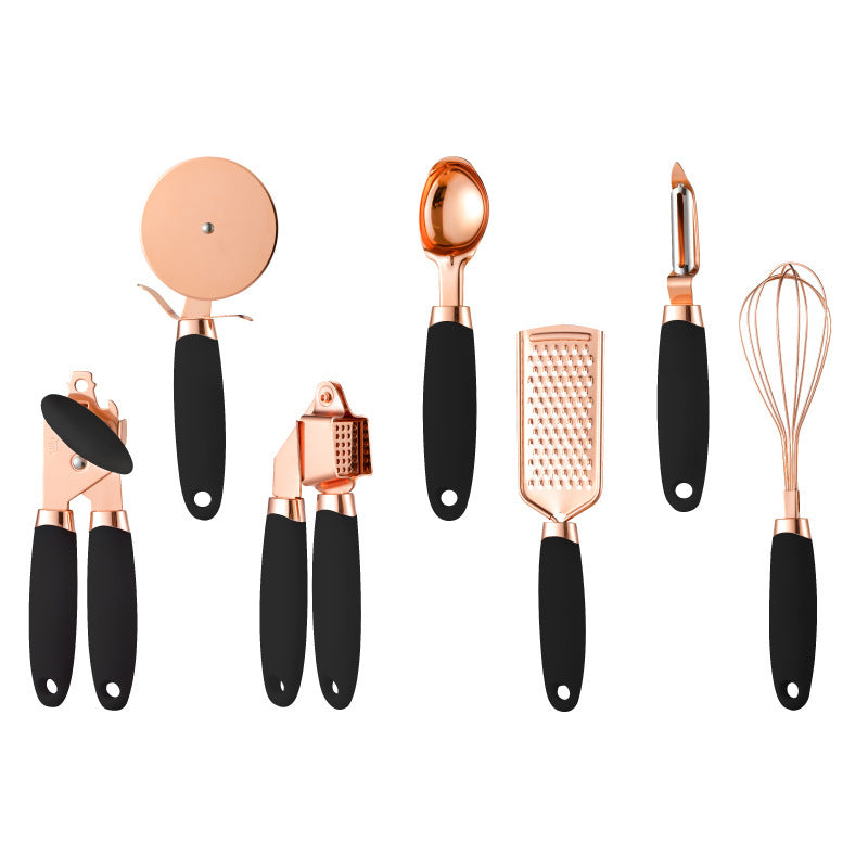 7-teiliges Küchenhelfer-Set aus Edelstahl – Rosegold beschichtet – Küchen-Gadget-Set mit Halter