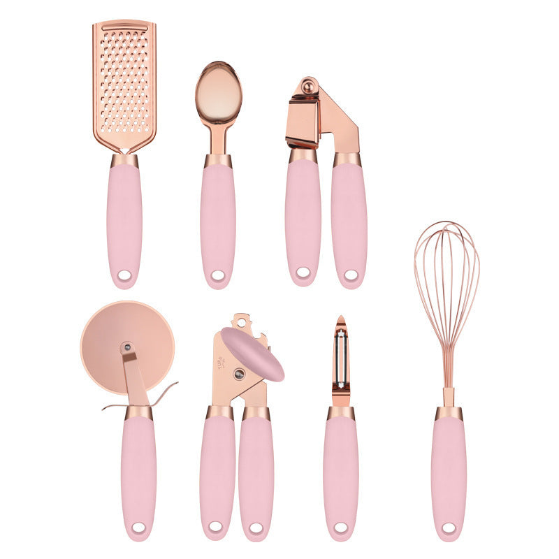7-teiliges Küchenhelfer-Set aus Edelstahl – Rosegold beschichtet – Küchen-Gadget-Set mit Halter