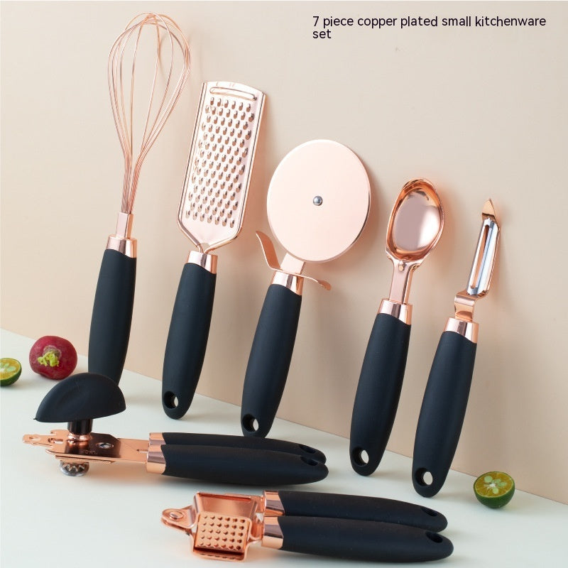 7-teiliges Küchenhelfer-Set aus Edelstahl – Rosegold beschichtet – Küchen-Gadget-Set mit Halter
