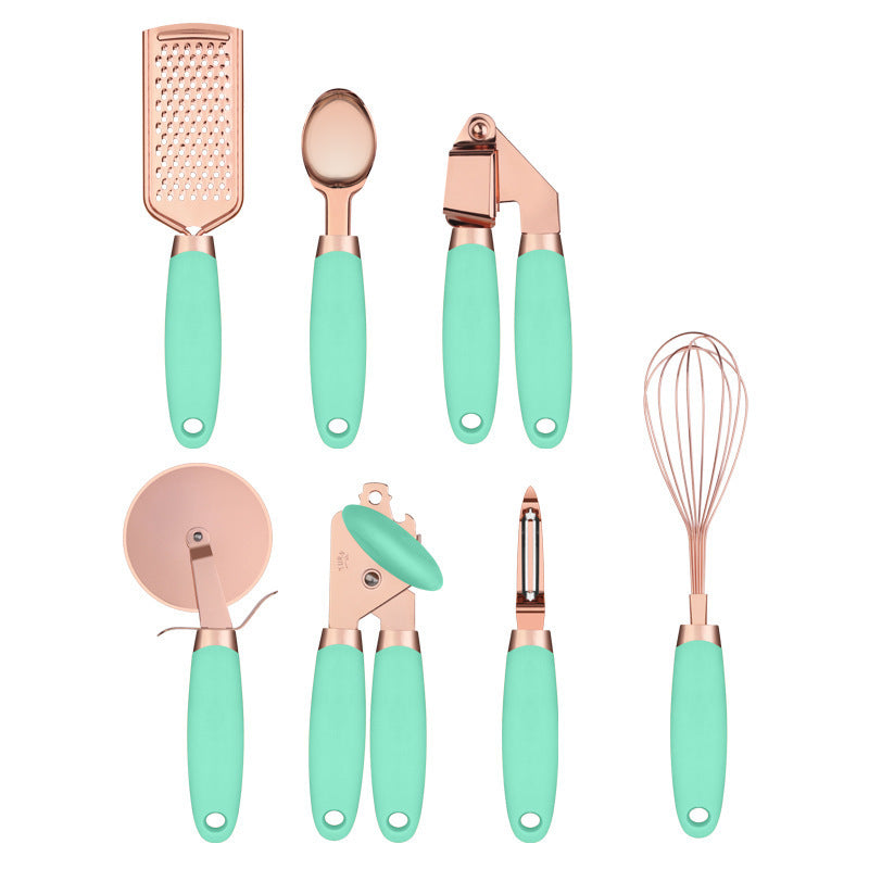 7-teiliges Küchenhelfer-Set aus Edelstahl – Rosegold beschichtet – Küchen-Gadget-Set mit Halter