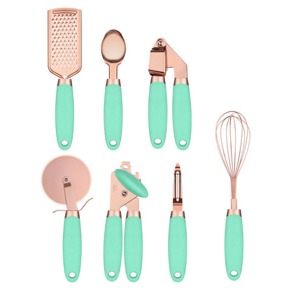7-teiliges Küchenhelfer-Set aus Edelstahl – Rosegold beschichtet – Küchen-Gadget-Set mit Halter
