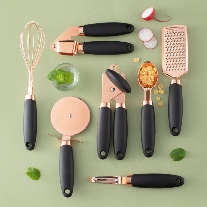 7-teiliges Küchenhelfer-Set aus Edelstahl – Rosegold beschichtet – Küchen-Gadget-Set mit Halter