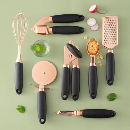 7-teiliges Küchenhelfer-Set aus Edelstahl – Rosegold beschichtet – Küchen-Gadget-Set mit Halter