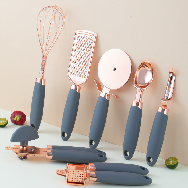 7-teiliges Küchenhelfer-Set aus Edelstahl – Rosegold beschichtet – Küchen-Gadget-Set mit Halter