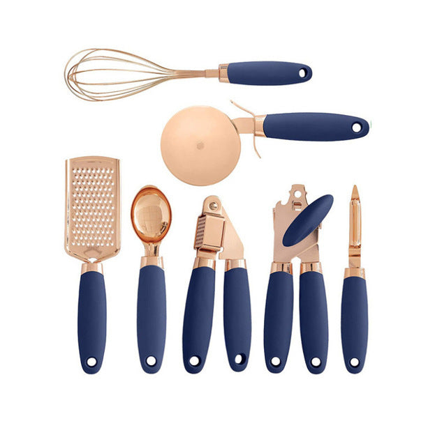 7-teiliges Küchenhelfer-Set aus Edelstahl – Rosegold beschichtet – Küchen-Gadget-Set mit Halter